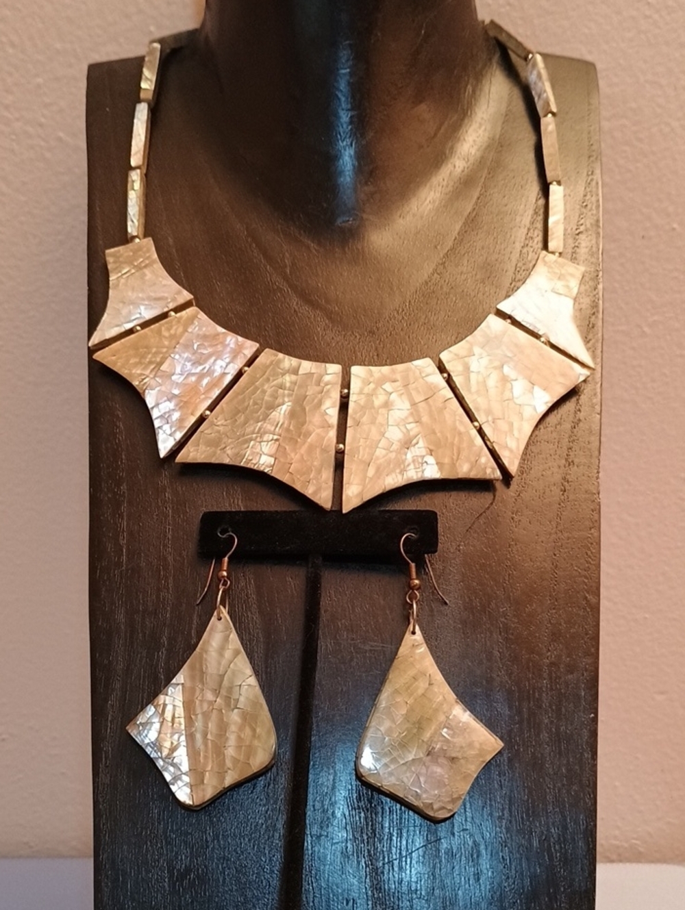 Iridescent Rainbow Shell Panel Statement Bib Necklace & Matching Earring Set